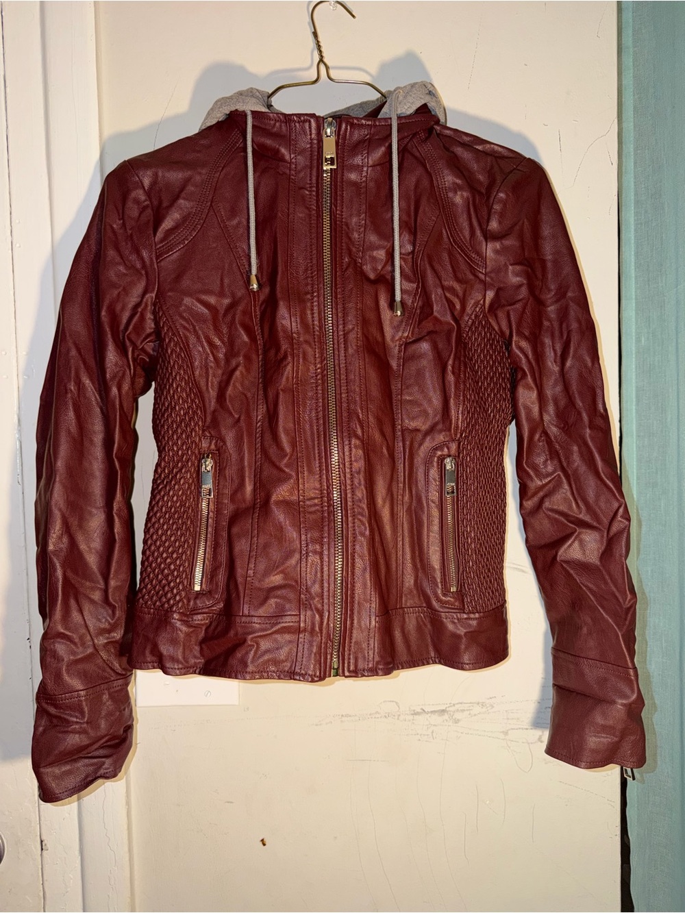 Guess Women's Burgundy Faux Leather Hooded Jacket with Zip Pockets